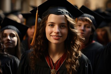 Wall Mural - A beaming woman stands in her academic dress, adorned with a mortarboard, ready to receive her diploma at her college commencement ceremony