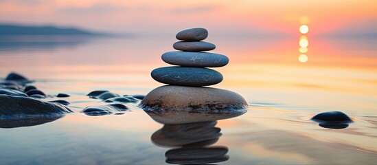 Poster - Sunrise beach stones in close up Copy space image Place for adding text or design