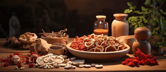 Sticker - Wooden table with Red Ginseng and dried mushrooms vignette Copy space image Place for adding text or design