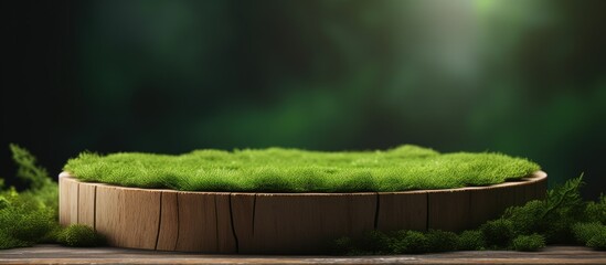 Leinwandbilder - Wooden podium with green leaves on moss background Ideal for product promotion natural beauty eco cosmetics Empty display case Copy space image Place for adding text or design