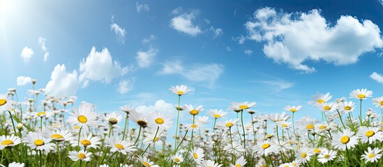 Aufkleber - Scenic meadow of wild daisies under blue sky Copy space image Place for adding text or design