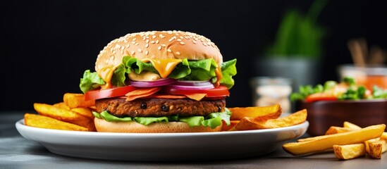 Poster - Vegan burger with carrot patties and fried potato on table Light background Space for text Copy space image Place for adding text or design