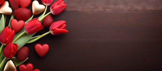 Aufkleber - Valentine s Day themed with chocolates hearts and red tulips Copy space image Place for adding text or design