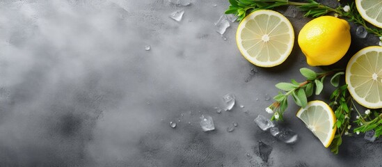Aufkleber - Top view of fresh oysters lemon herbs and ice on a grey background Copy space available Copy space image Place for adding text or design
