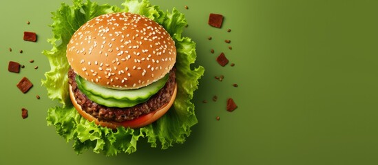 Poster - Top view of a vegan burger with lettuce and sauce served on a bun Copy space image Place for adding text or design