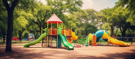 Vibrant children s playground with modern equipment in a Houston park Urban childhood in a green setting Copy space image Place for adding text or design