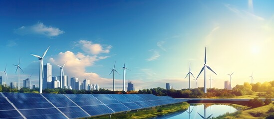 Wall Mural - Website header showcasing renewable energy in urban setting under clear blue sky Copy space image Place for adding text or design