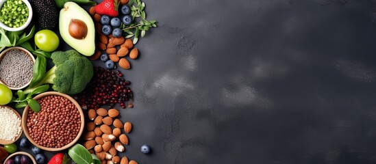 Poster - Superfoods like nuts beans greens and seeds on a gray background with room for text Wholesome plant based cuisine Copy space image Place for adding text or design