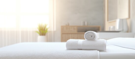 Poster - white towel on the bed Copy space image Place for adding text or design