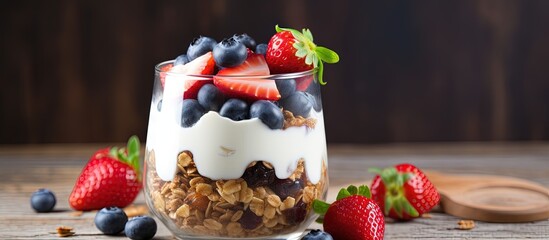 Wall Mural - Tasty treat with creamy fruity and crunchy layers Copy space image Place for adding text or design