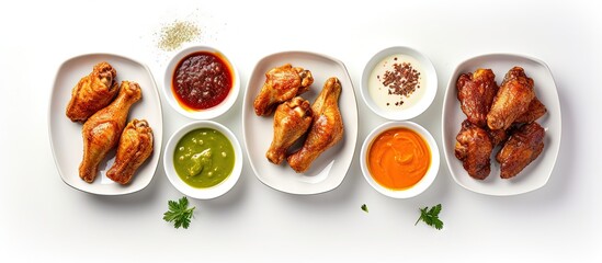 Aufkleber - Top view of air fryer chicken wings with chili glaze and assorted sauces on a white background Copy space image Place for adding text or design