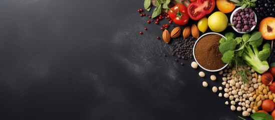Poster - Superfoods like nuts beans greens and seeds on a gray background with room for text Wholesome plant based cuisine Copy space image Place for adding text or design