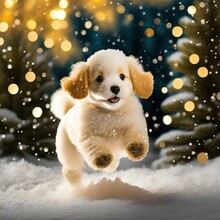 White And Brown Puppy Dog Playing In Snowy Winter Garden. Snowflakes Falling, Golden Light, Bokeh Effect. 