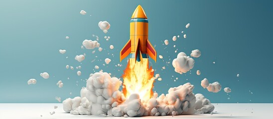 Canvas Print - Toy rocket launches in low poly style on white background in 3D rendering Copy space image Place for adding text or design