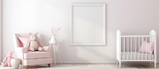 Leinwandbilder - Scandinavian style child room with empty picture frame baby bed chair Cozy and free space for your picture 3D rendering Copy space image Place for adding text or design