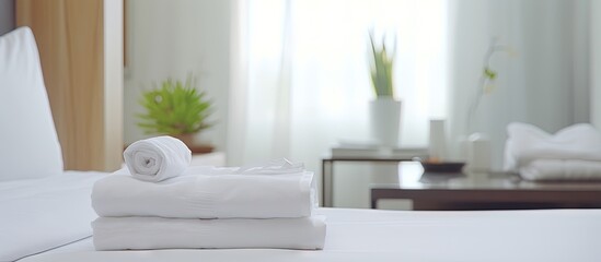 Poster - Tidy hotel room Welcome card fresh towels bedding Hospitality Guest White pillow towel Copy space image Place for adding text or design