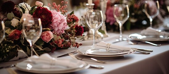Aufkleber - Wedding table adorned with flowers Banquet table styled and adorned with cutlery Copy space image Place for adding text or design