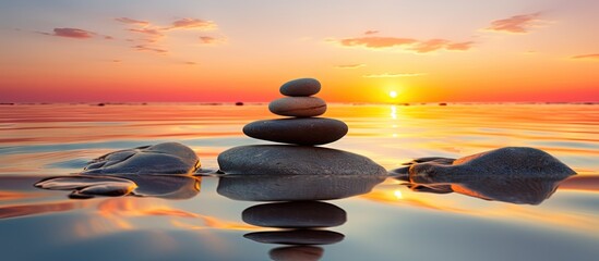 Poster - Zen stones on the beach symbolizing relaxation and meditation during sunset Copy space image Place for adding text or design