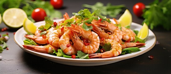 Poster - Shrimp vegetables and spicy chili sauce make a delicious seafood salad with citrus Copy space image Place for adding text or design