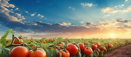 Aufkleber - Tomato bushes in green field under South Ukrainian sunset sky Copy space image Place for adding text or design