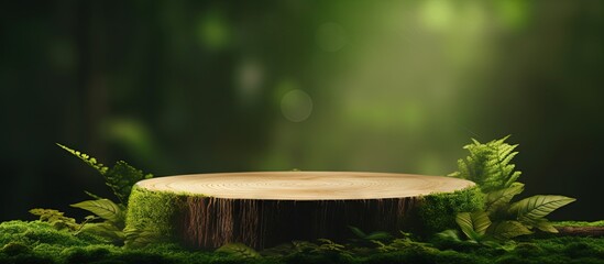 Leinwandbilder - Wooden podium with green leaves on moss background Ideal for product promotion natural beauty eco cosmetics Empty display case Copy space image Place for adding text or design