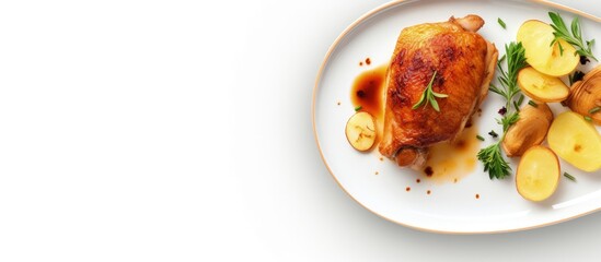 Poster - Top view of baked chicken leg with potato isolated on white Copy space image Place for adding text or design