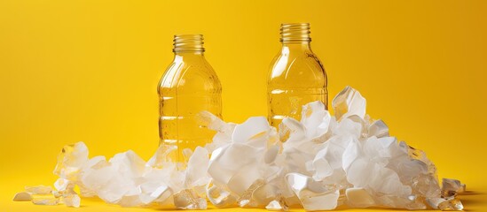 Poster - Squashed plastic bottles represent global pollution on yellow Copy space image Place for adding text or design