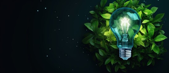 Poster - Top view of a green eco friendly lightbulb made from fresh leaves representing energy saving and environmental sustainability Copy space image Place for adding text or design
