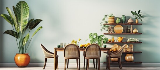 Sticker - Stylish dining room with design table modern chairs decoration tropical leaf fruits bookcase paintings elegant decor Copy space image Place for adding text or design