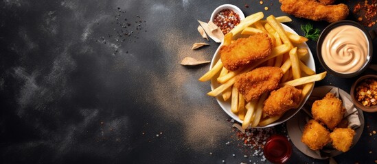 Poster - Vegan fish and chips alongside tofu and chips served with vegan sauce Copy space image Place for adding text or design