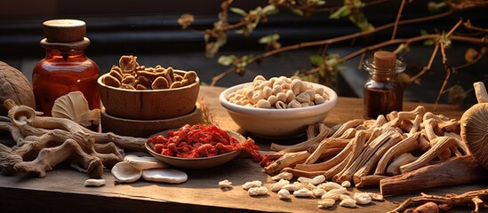 Poster - Wooden table with Red Ginseng and dried mushrooms vignette Copy space image Place for adding text or design