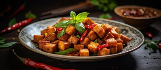 Aufkleber - Spiced tempeh stir fried with shallots garlic salt bay leaf laos and chilies served on a table Copy space image Place for adding text or design