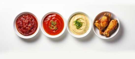 Aufkleber - Top view of air fryer chicken wings with chili glaze and assorted sauces on a white background Copy space image Place for adding text or design