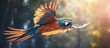 Spectacular picture of a tropical macaw parrot in flight animal kingdom colorful bird wildlife photography ara in zoo Copy space image Place for adding text or design