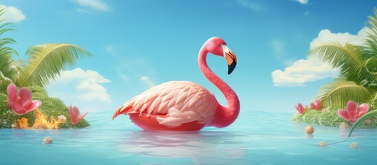 Canvas Print - Summer 3D rendering of a pool float with a flamingo Copy space image Place for adding text or design