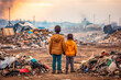 Two African children in a landfill. Back view