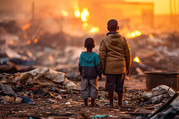 two african children in a landfill. back view