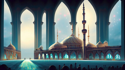 illustration of the beautiful futuristic mosque and ramadan islamic culture icon and with beautiful moon light, The landmark, generative AI