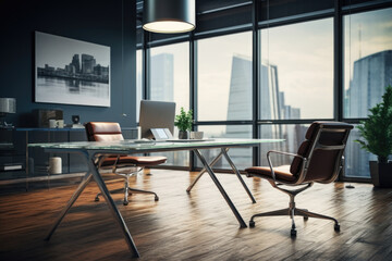 Poster - A desk with a chair and a laptop on it. Suitable for business and office concepts