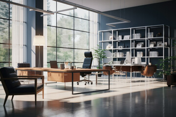Poster - a picture of a modern office space with a desk and chairs. suitable for use in business and workplac