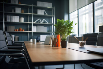 Poster - A desk with a laptop and a potted plant. Ideal for home office or workspace concept