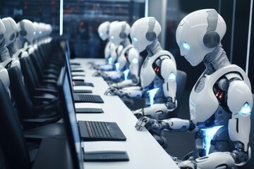 Poster - A group of robots sitting in front of computers, ready to work. Ideal for technology and automation concepts