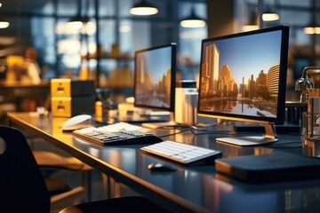 Poster - A desk with a computer monitor and keyboard. Perfect for office or work-related projects