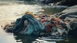 old clothes and textiles thrown out onto the banks of river, illustrating the problem of water pollution