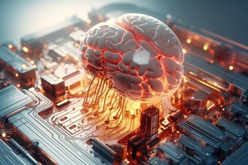Poster - a computer motherboard with a brain on top of it. perfect for technology, artificial intelligence, a