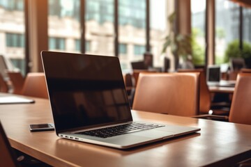 Poster - A laptop computer placed on a sturdy wooden table. Suitable for technology-related projects or office-themed designs