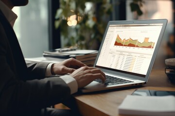 Poster - A man sitting at a desk using a laptop computer. Suitable for illustrating concepts related to technology, remote work, and digital lifestyle