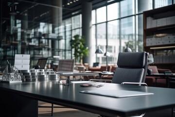 Poster - A desk with a laptop and a chair. Perfect for office and work-related themes
