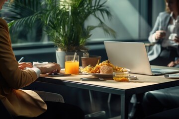 Poster - a person is sitting at a table, using a laptop. this image can be used to illustrate work, technolog