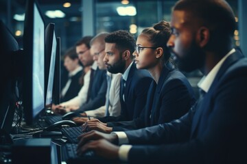 Poster - A group of people sitting together in front of a computer. This image can be used to illustrate teamwork, collaboration, or a business meeting